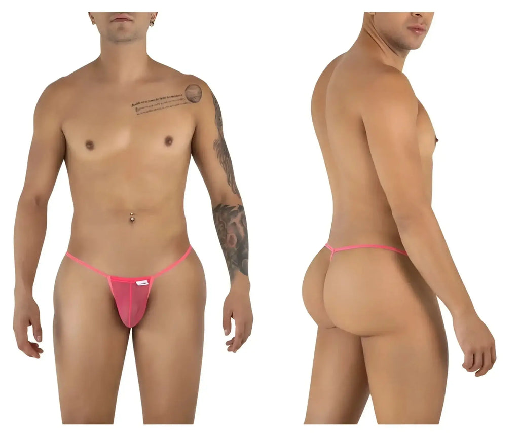 CandyMan 9586 G-String in pink mesh, showing front and back views on a model.