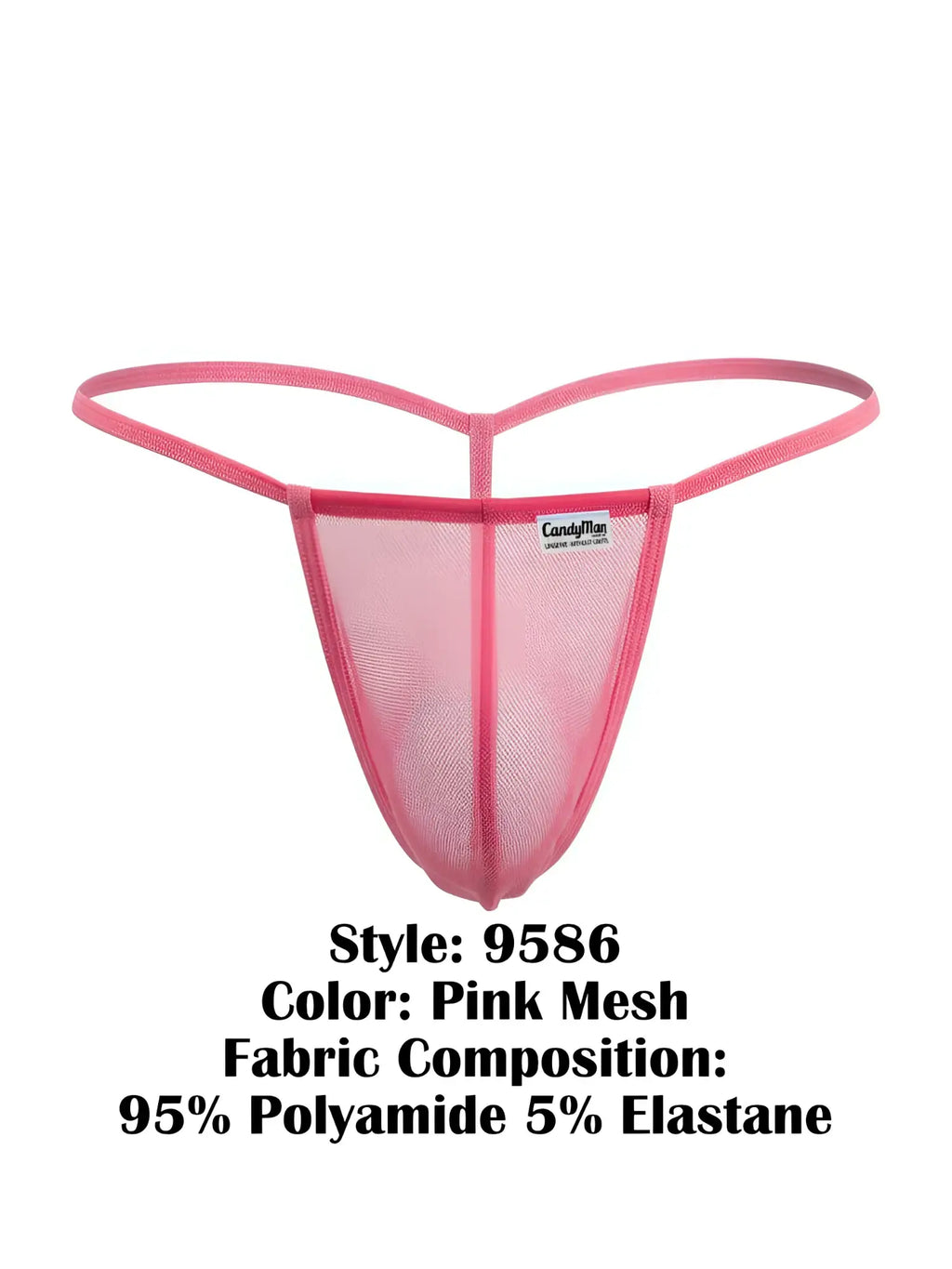 Front view of the CandyMan 9586 G-String in pink mesh fabric.