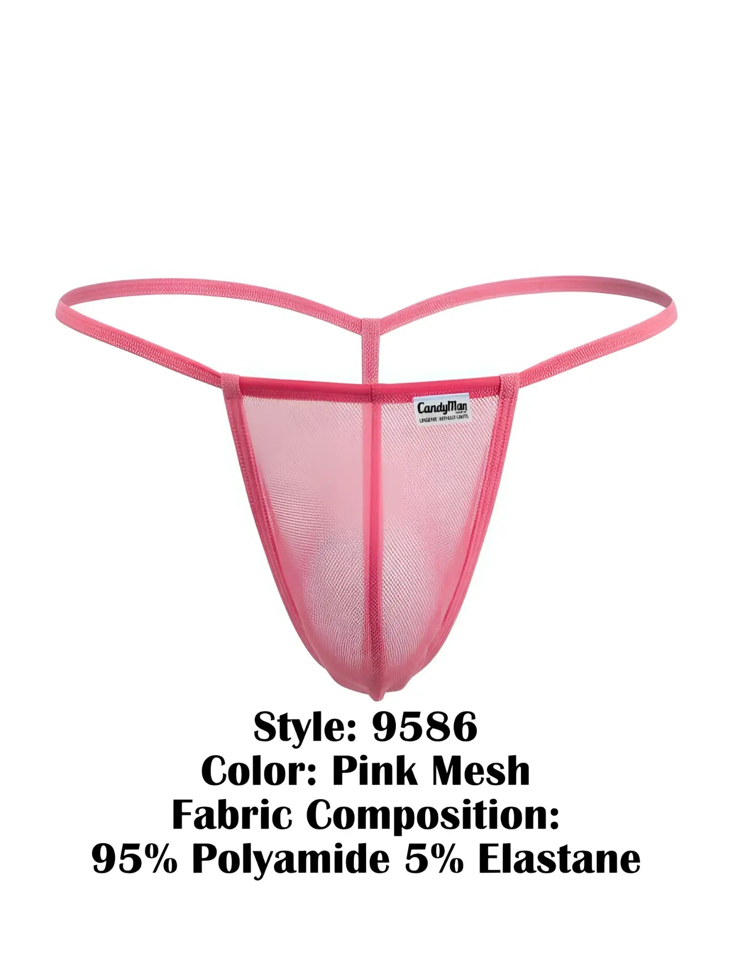Front view of the CandyMan 9586 G-String in pink mesh fabric.