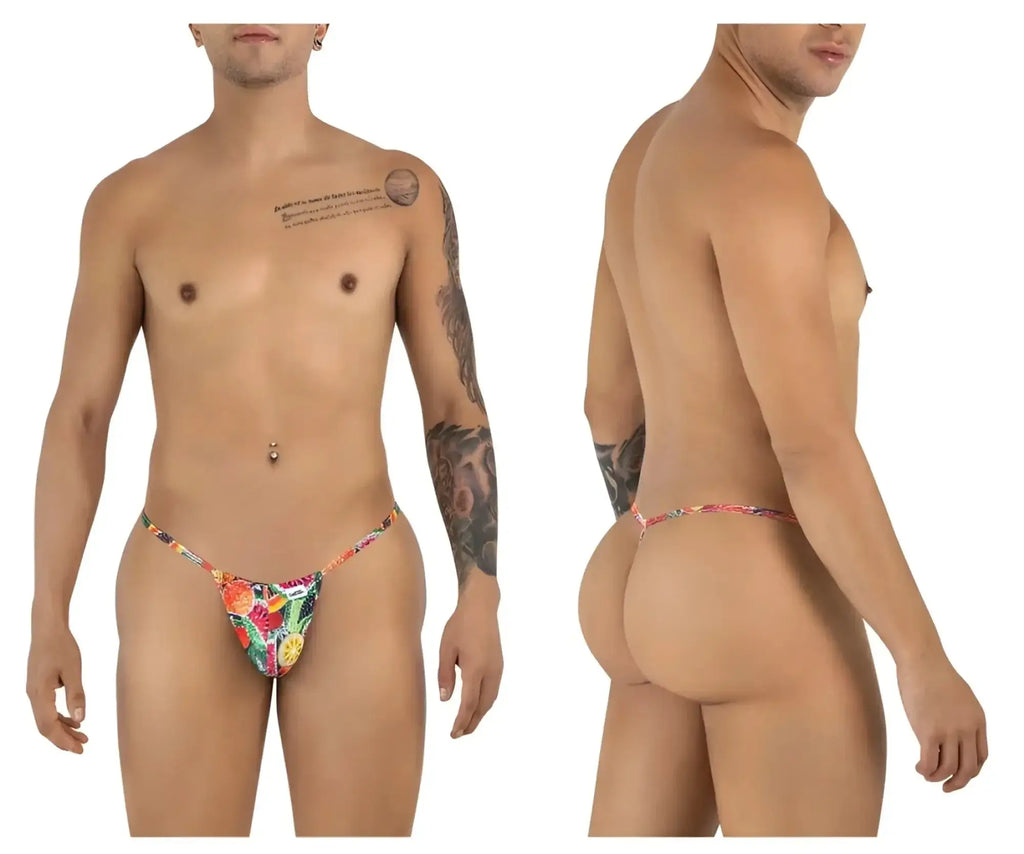 CandyMan 9586 G-String in Fruit print, showing front and back views on a model.