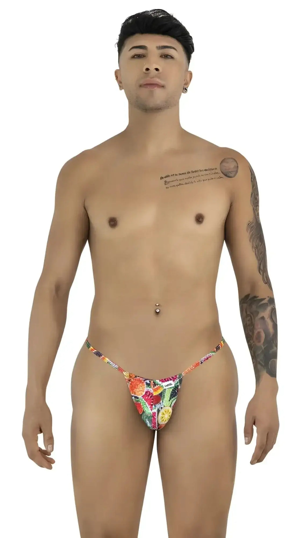 Front view of CandyMan 9586 G-String in fruit print, worn by a model.