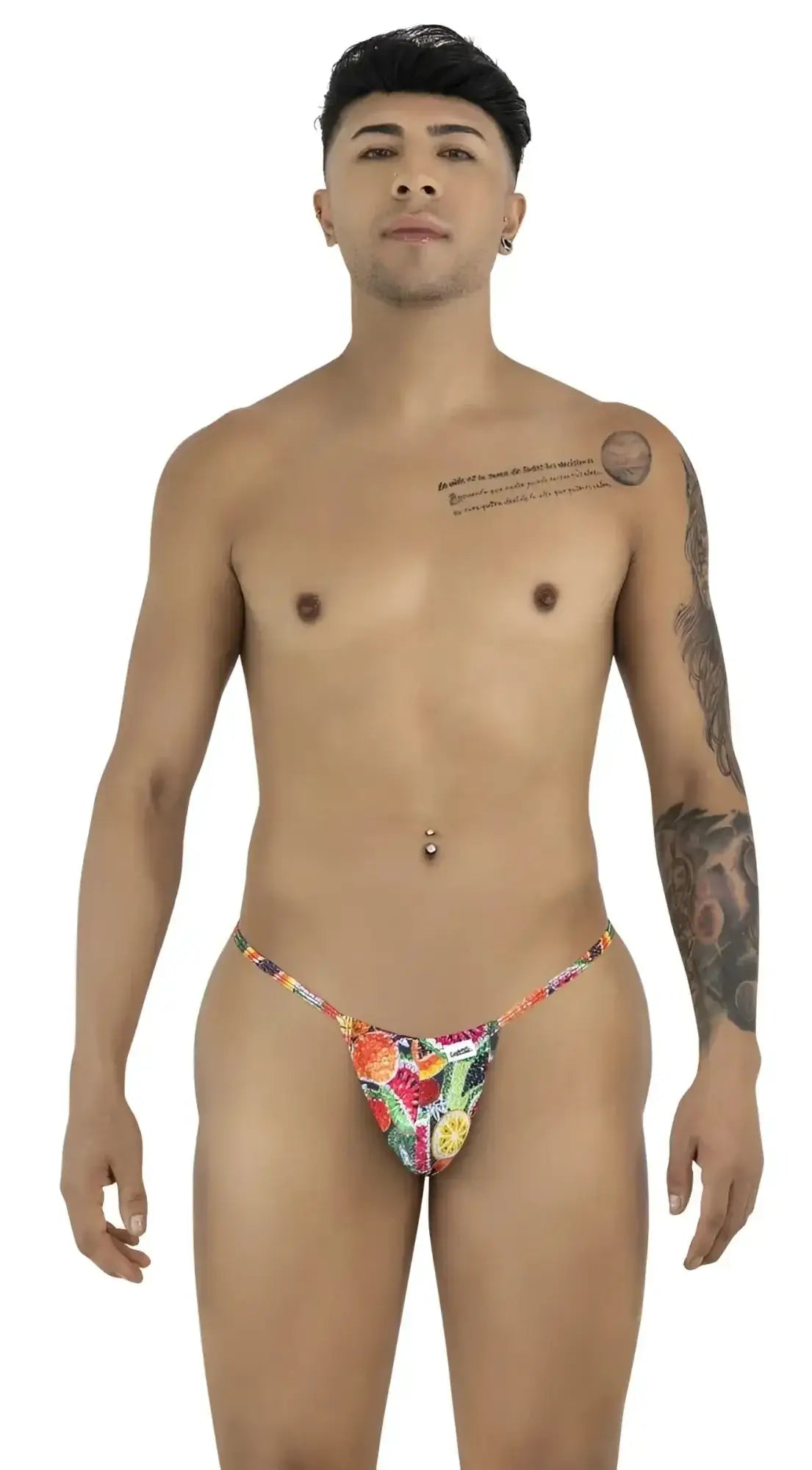 Front view of CandyMan 9586 G-String in fruit print, worn by a model.