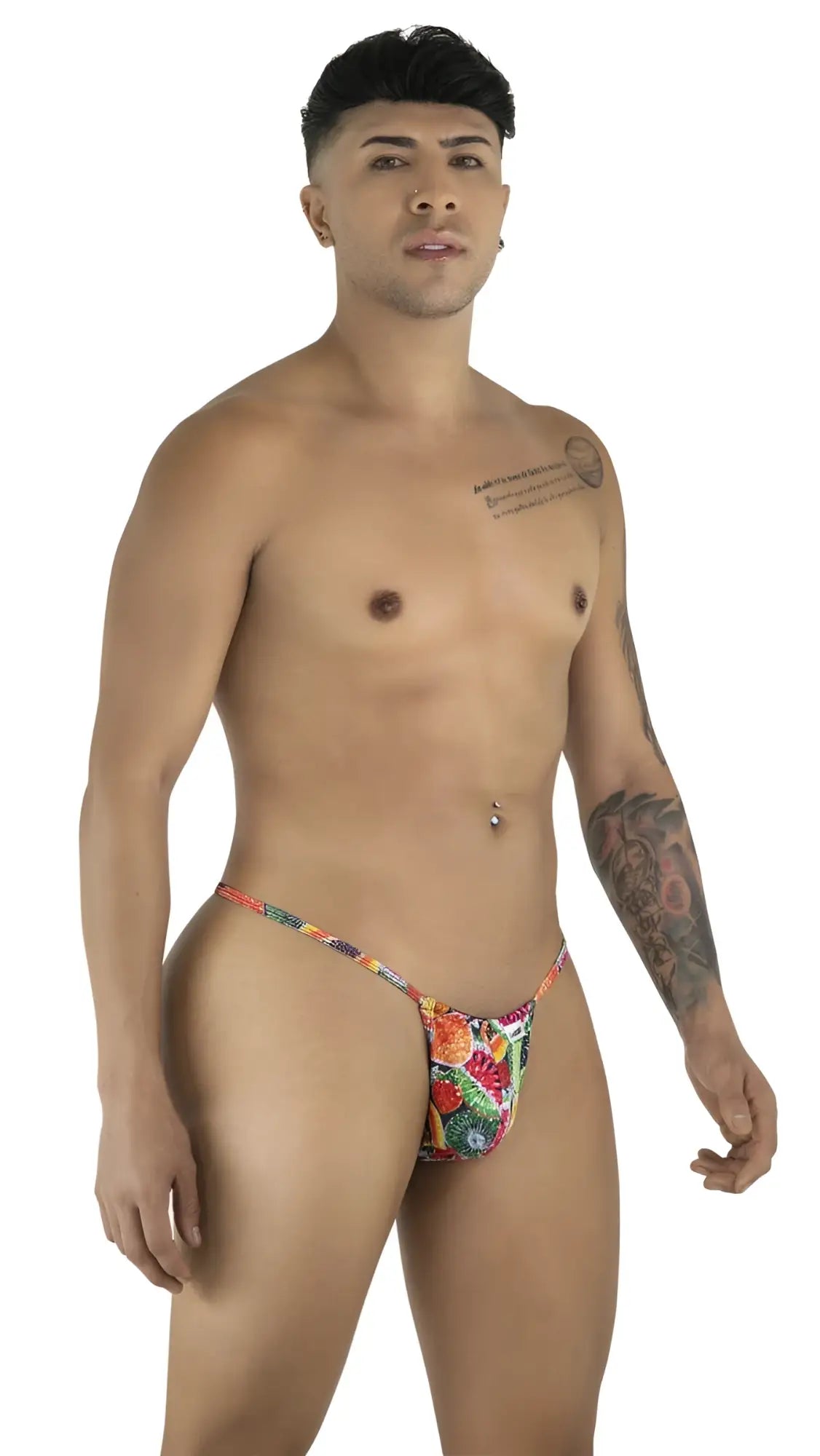 Men's colorful fruit-print thong in smooth, stretchy fabric, featuring a minimalist, low-rise style.