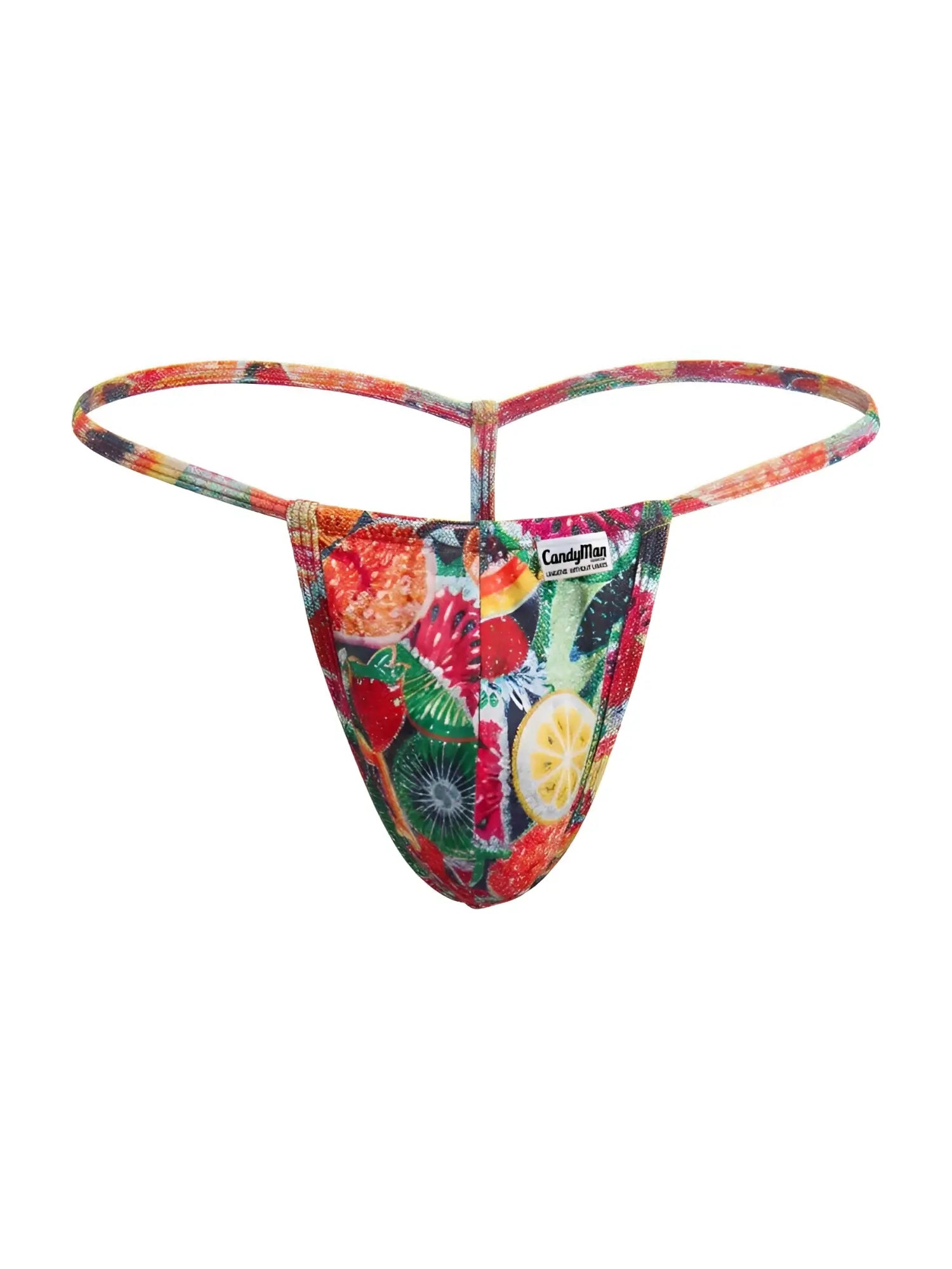 CandyMan 9586 G-String in fruit print: front view of colorful fruit-patterned thong underwear.