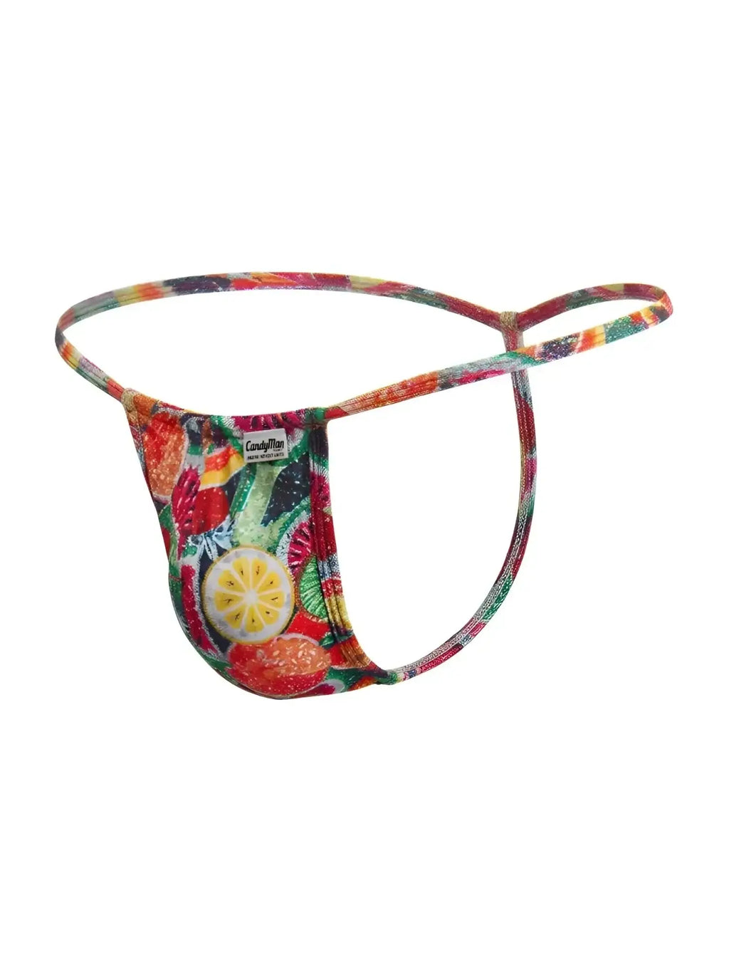 CandyMan 9586 G-String in fruit print: studio front view of colorful fruit-patterned men's thong underwear.