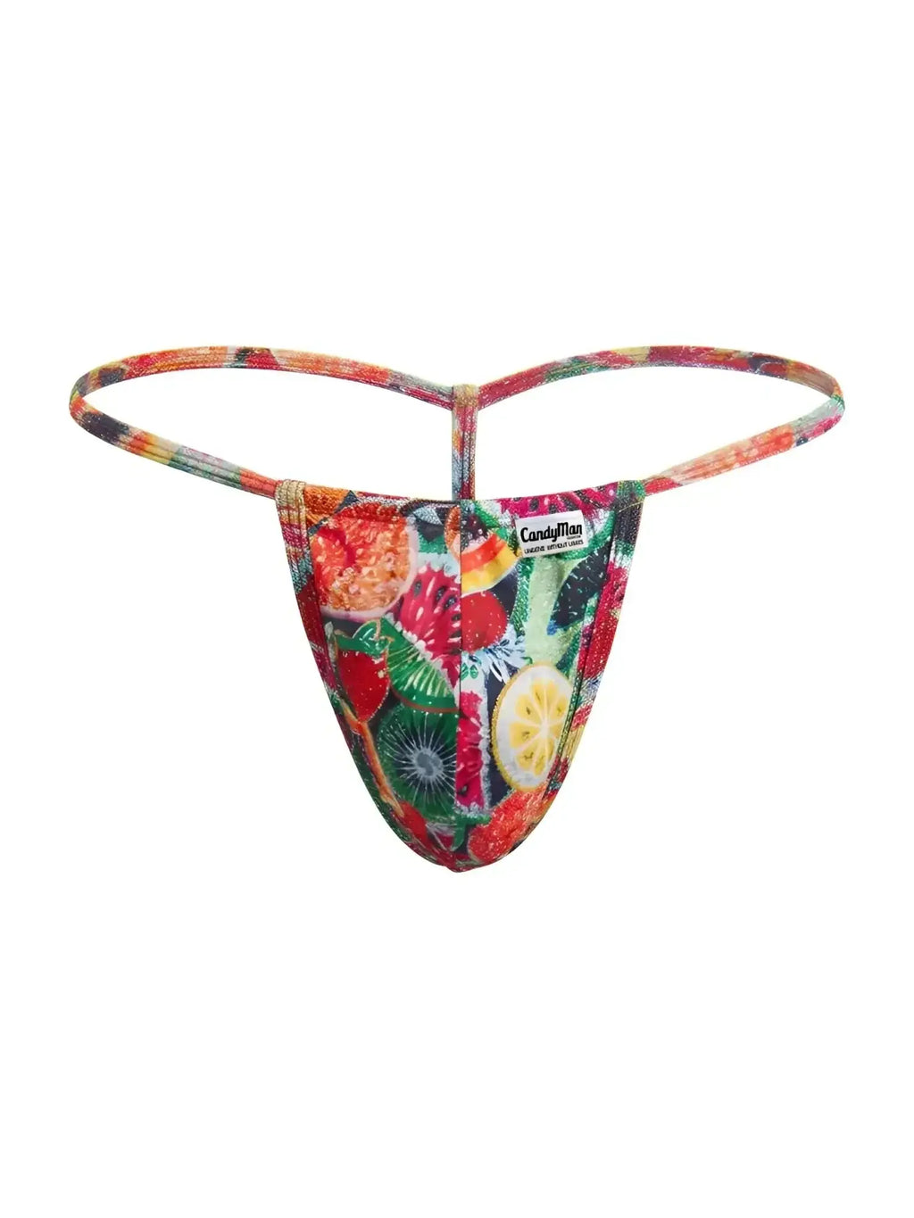 CandyMan 9586 G-String in fruit print: front view of colorful fruit-patterned thong underwear.