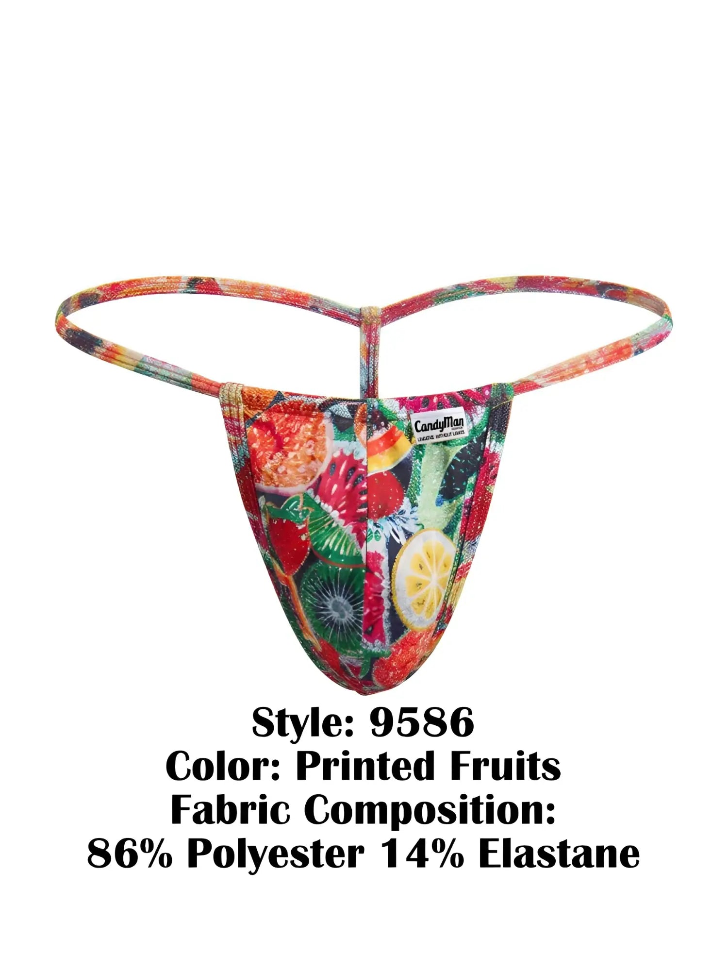 Front view of CandyMan 9586 G-string in Printed Fruits color.
