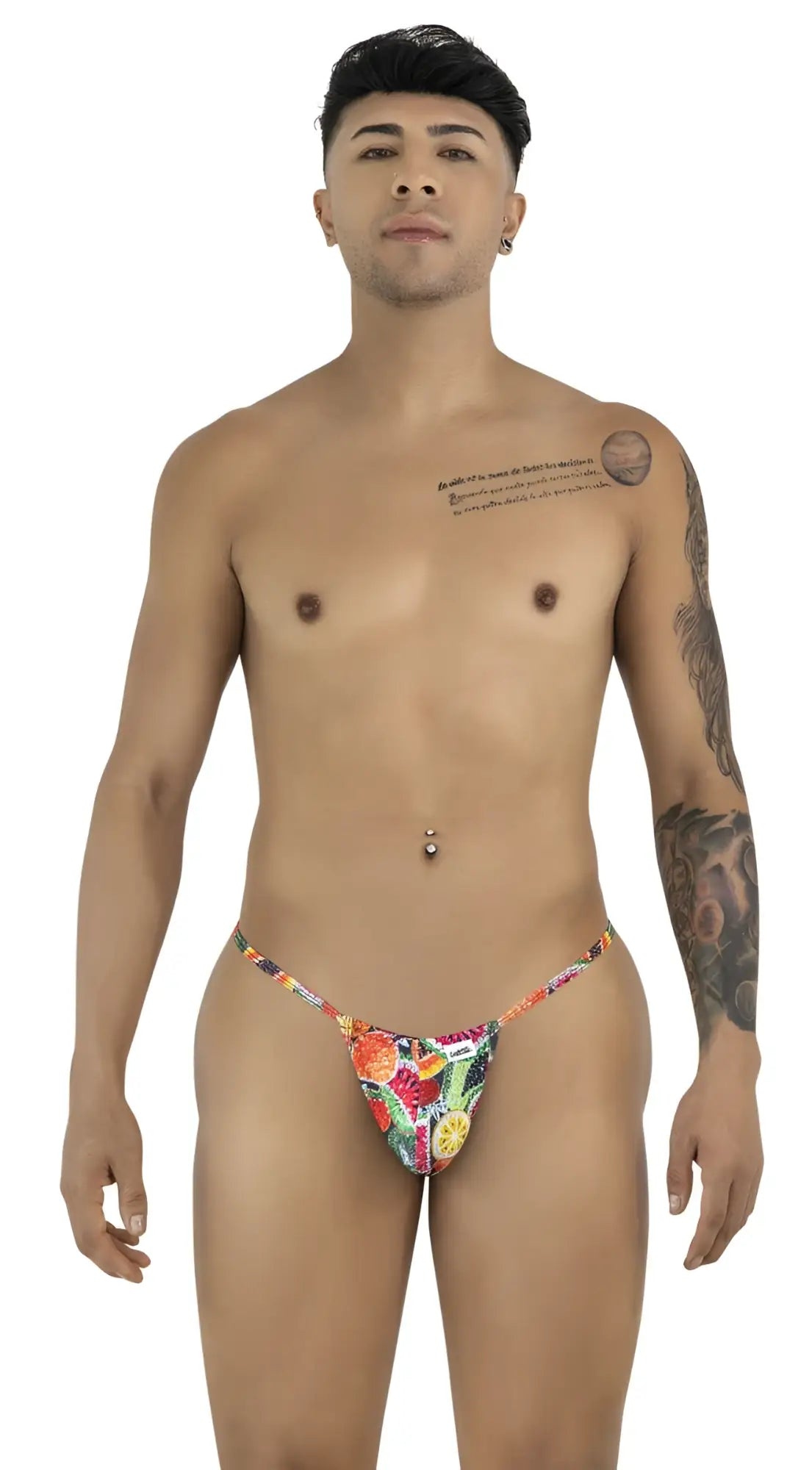 Front view of CandyMan 9586 G-String in fruit print, worn by a model.