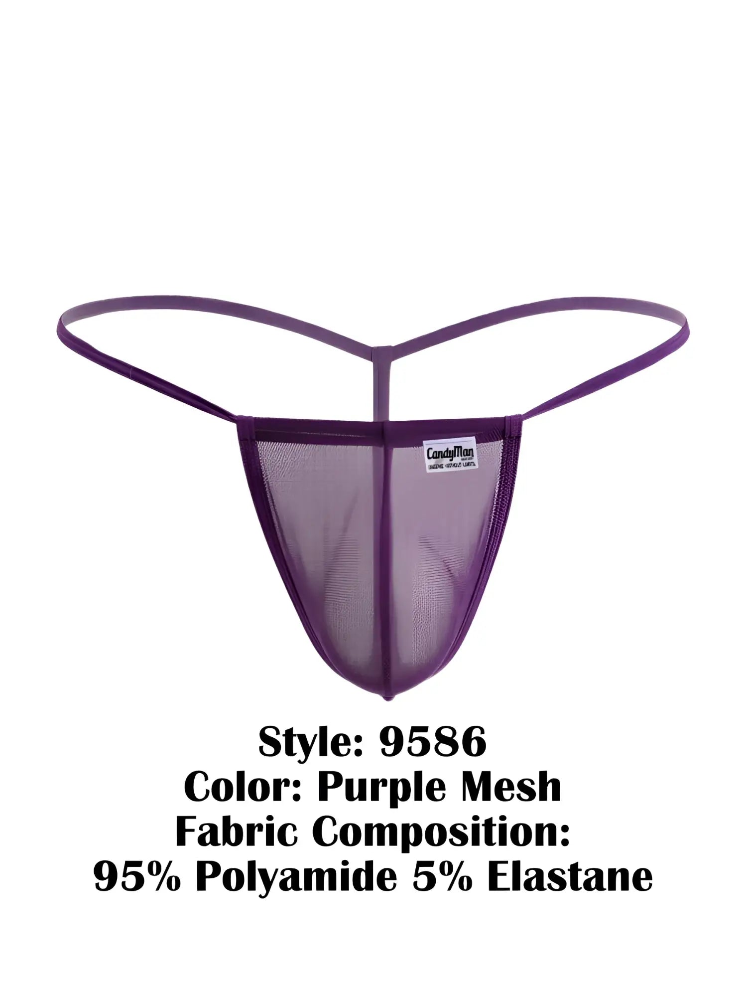 Purple mesh thong for men made from a sheer polyamide-elastane blend with a minimalist, athletic style.