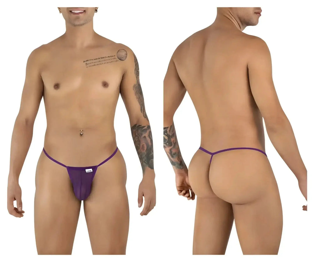 CandyMan 9586 G-String in purple mesh: front and back view of the underwear on a model.