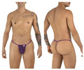 CandyMan 9586 G-String in purple mesh: front and back view of the underwear on a model.