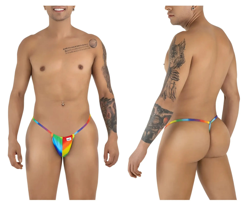 CandyMan 9586 G-String in rainbow print: front and back view of the underwear on a model.
