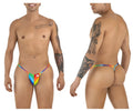CandyMan 9586 G-String in rainbow print: front and back view of the underwear on a model.