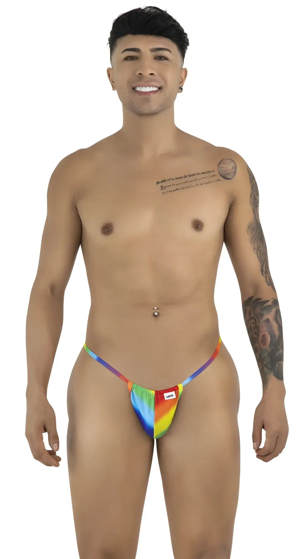Front view of the CandyMan 9586 G-String in rainbow print on a male model.
