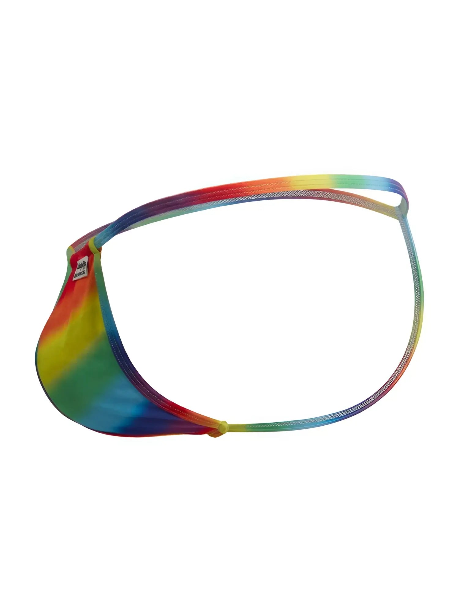 CandyMan 9586 G-String in rainbow print, side view showing the minimal strap design.