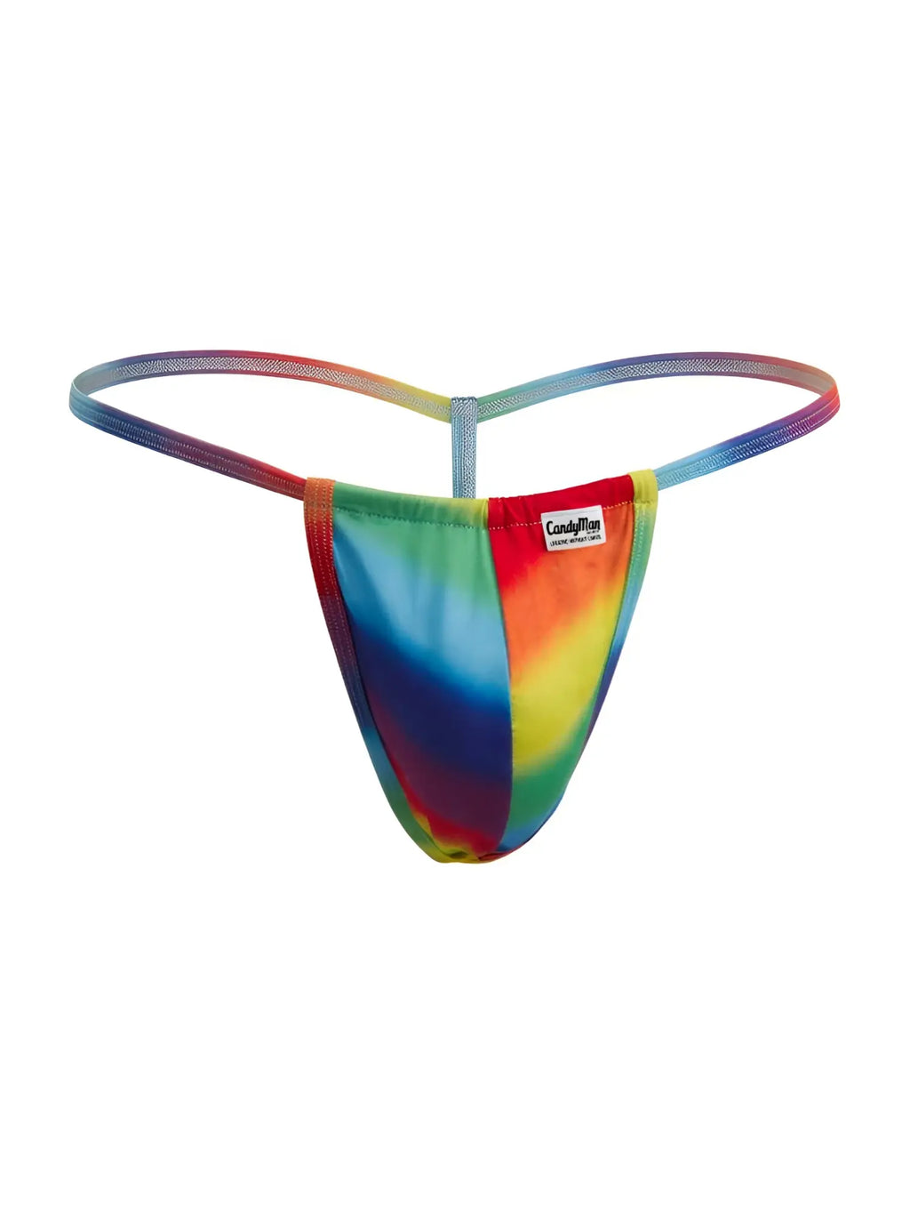 CandyMan 9586 G-string in rainbow print. Front studio view of the men's underwear against a white background.