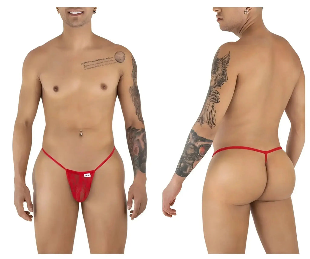 CandyMan 9586 G-String in red lace shown in front and back views on a male model.
