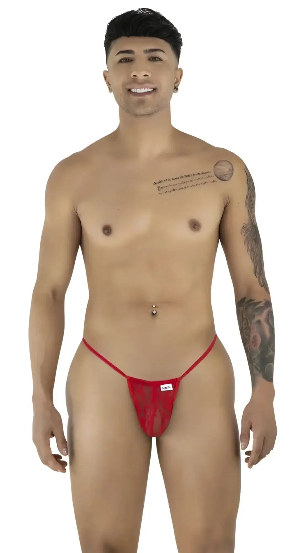 Front view of a model wearing a red lace CandyMan 9586 G-string.