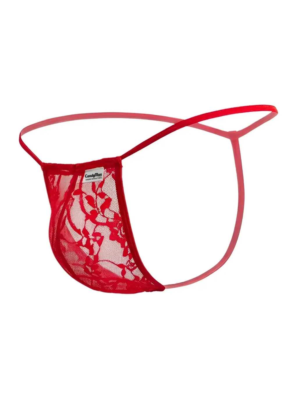 CandyMan 9586 G-String in red lace, front-side view.