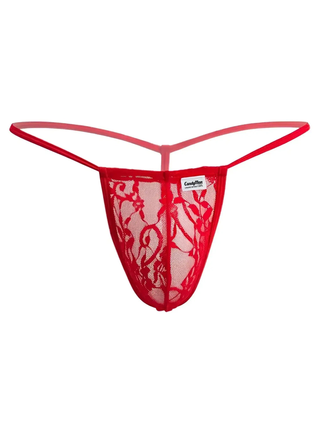 Front view of the red CandyMan 9586 lace G-string underwear on a white background.