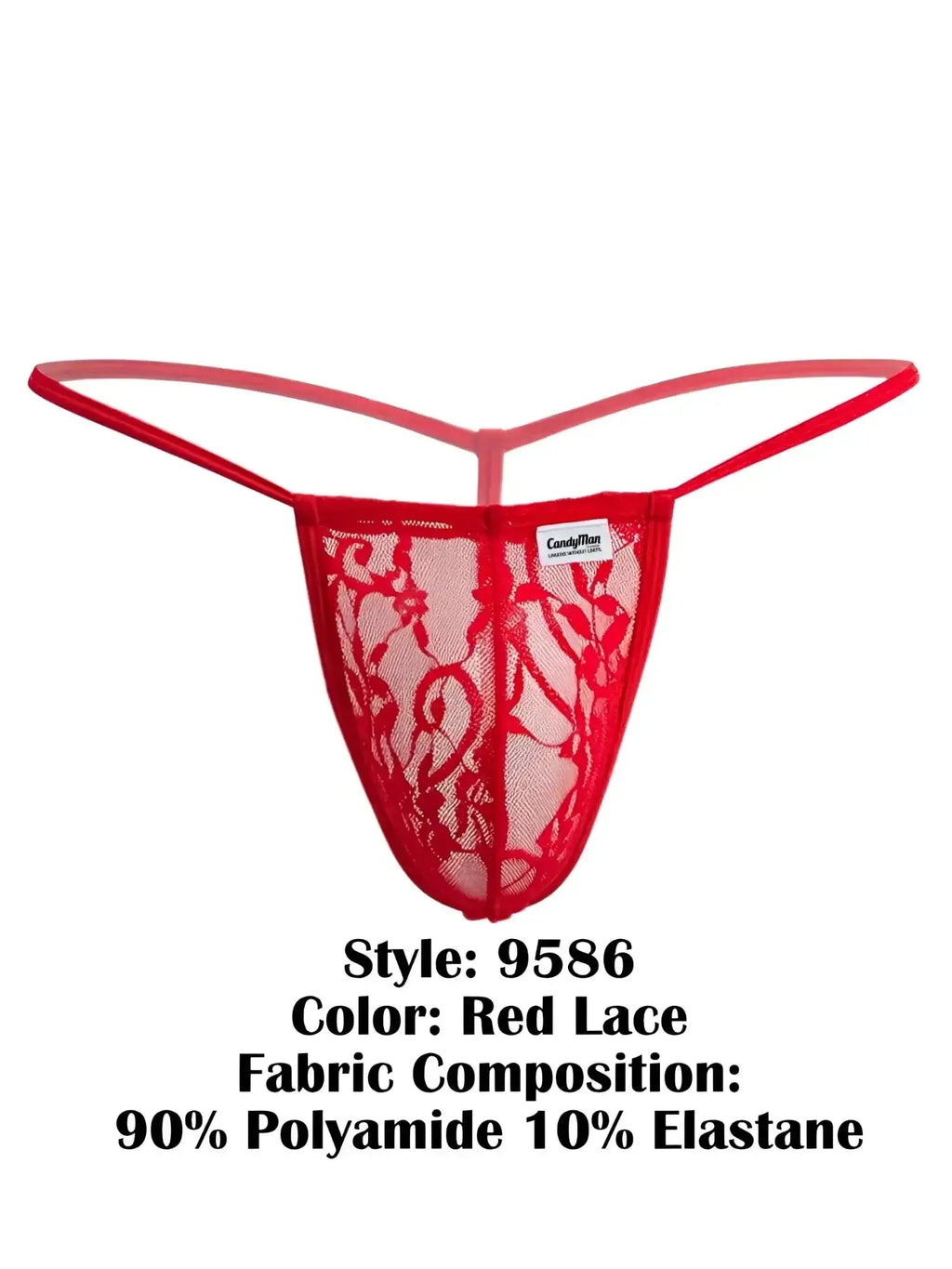 Front view of CandyMan 9586 G-String in red lace against a white background.
