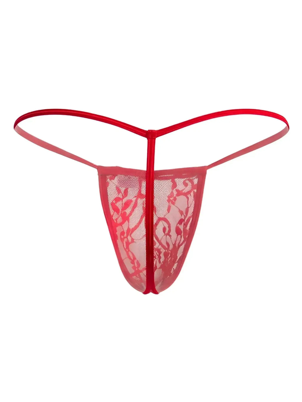 Front view of the red CandyMan 9586 lace G-string.