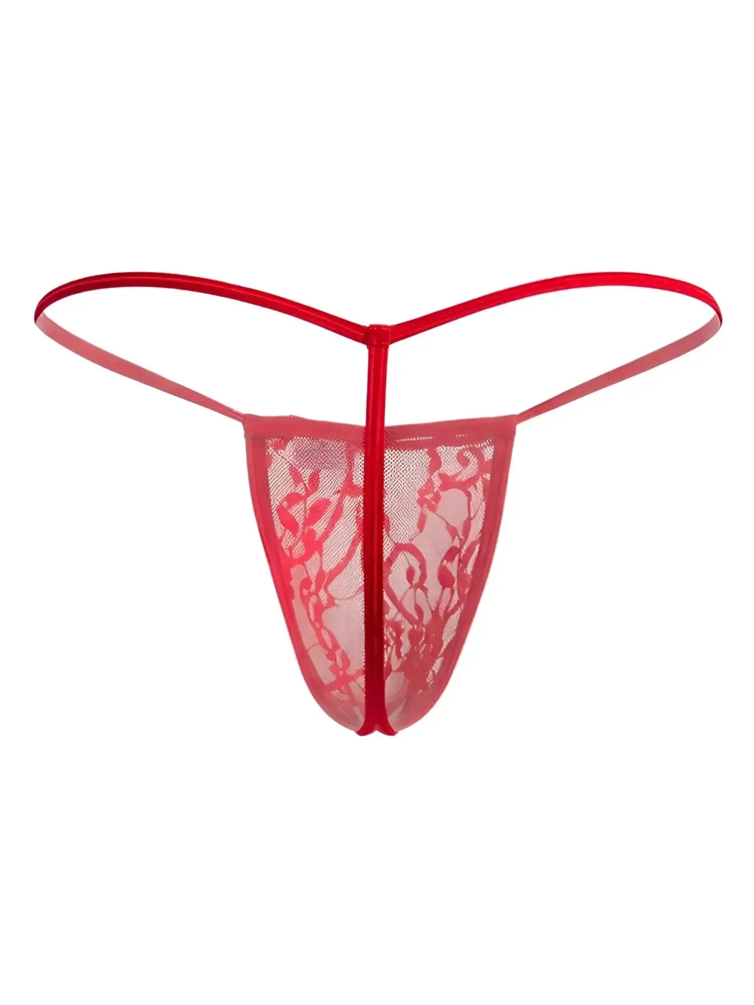 Front view of the red CandyMan 9586 lace G-string.