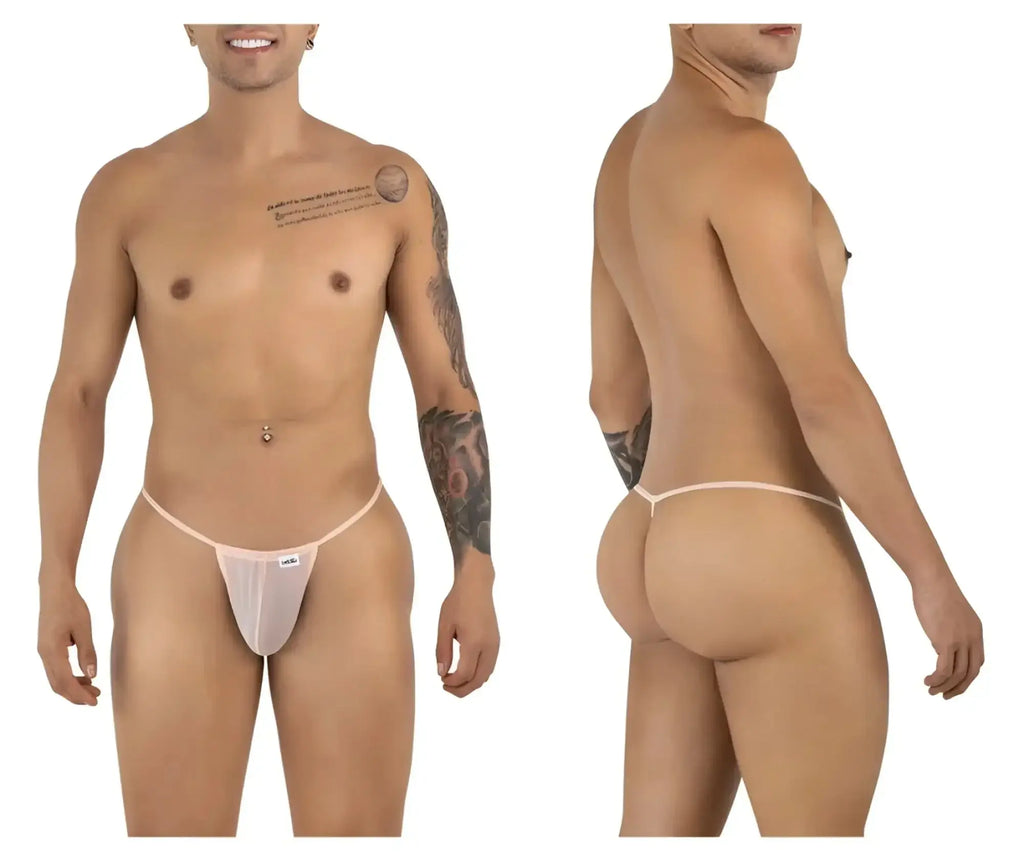 Front and back view of CandyMan 9586 G-string in tangerine mesh.