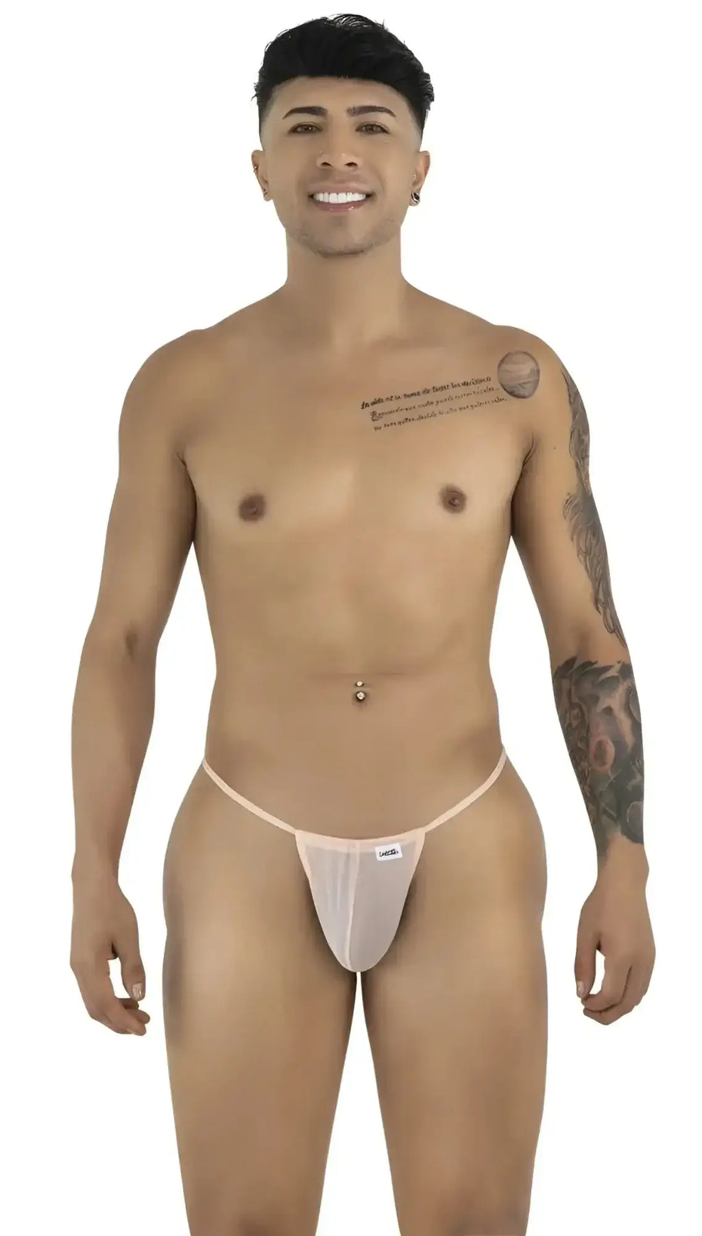 Front view of a man wearing a CandyMan 9586 G-string in tangerine mesh.