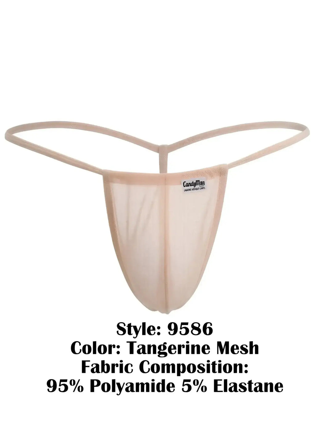 CandyMan 9586 G-String in Tangerine Mesh, front view showing the sheer mesh fabric and branding tag.