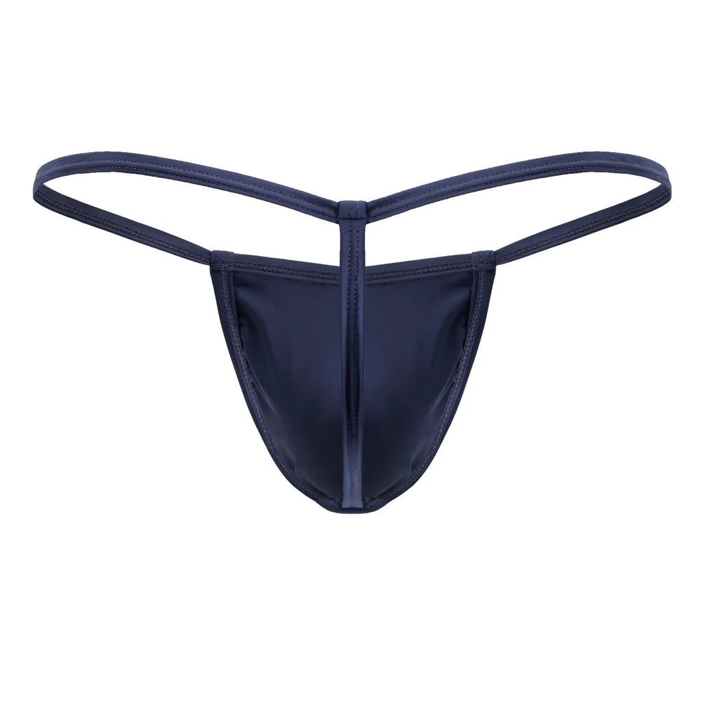 Navy blue satin candyMan 9586 g-string thong with central seam and thin matching fabric straps front view