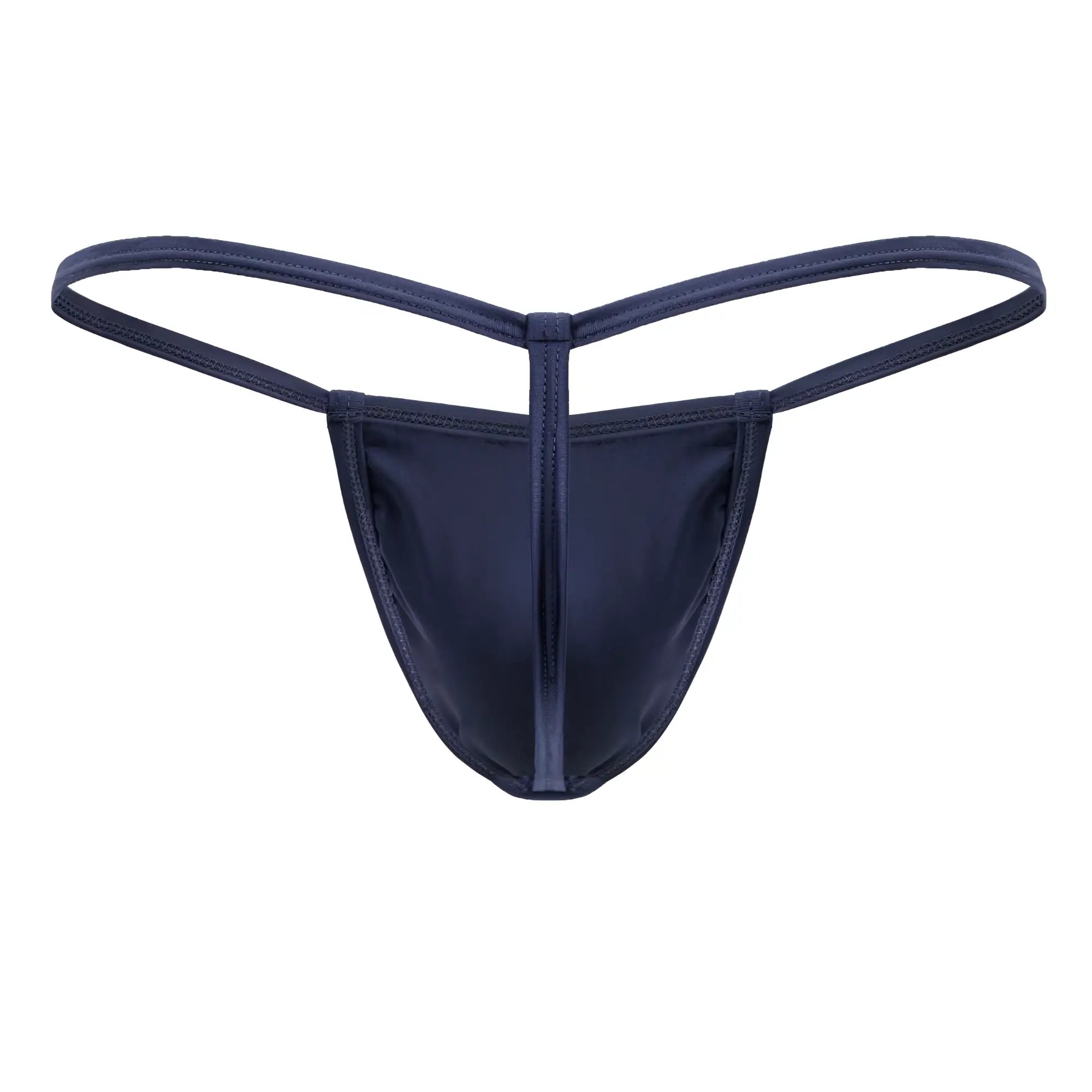 Navy blue satin candyMan 9586 g-string thong with central seam and thin matching fabric straps front view