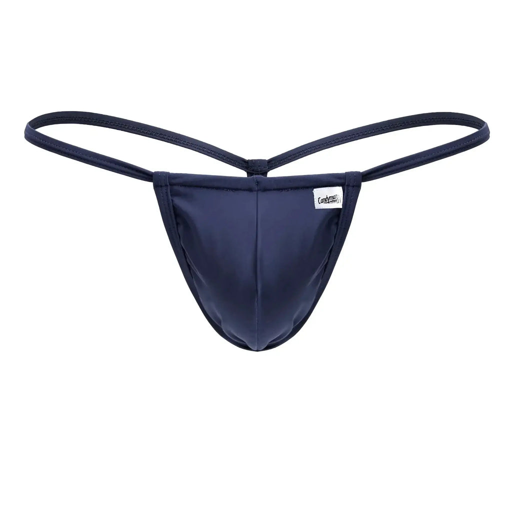 Navy blue CandyMan 9586 g-string thong with thin fabric straps and small white brand tag on the front