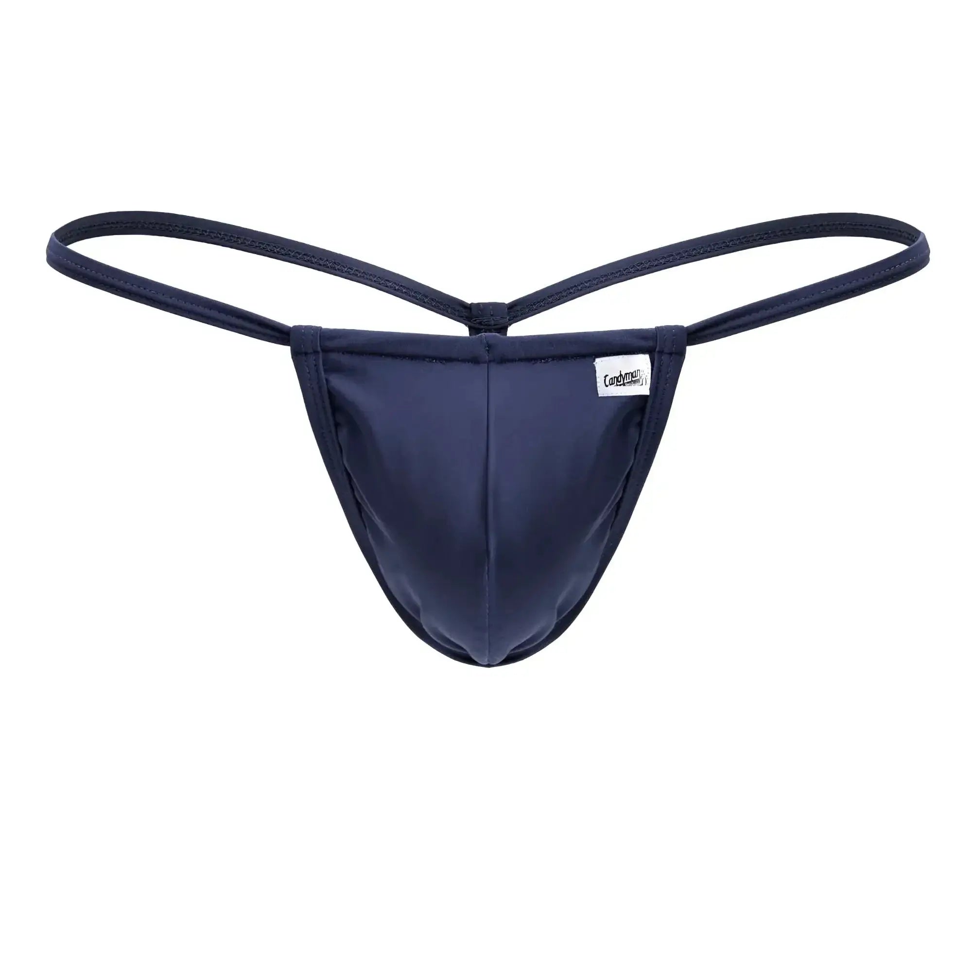 Navy blue CandyMan 9586 g-string thong with thin fabric straps and small white brand tag on the front