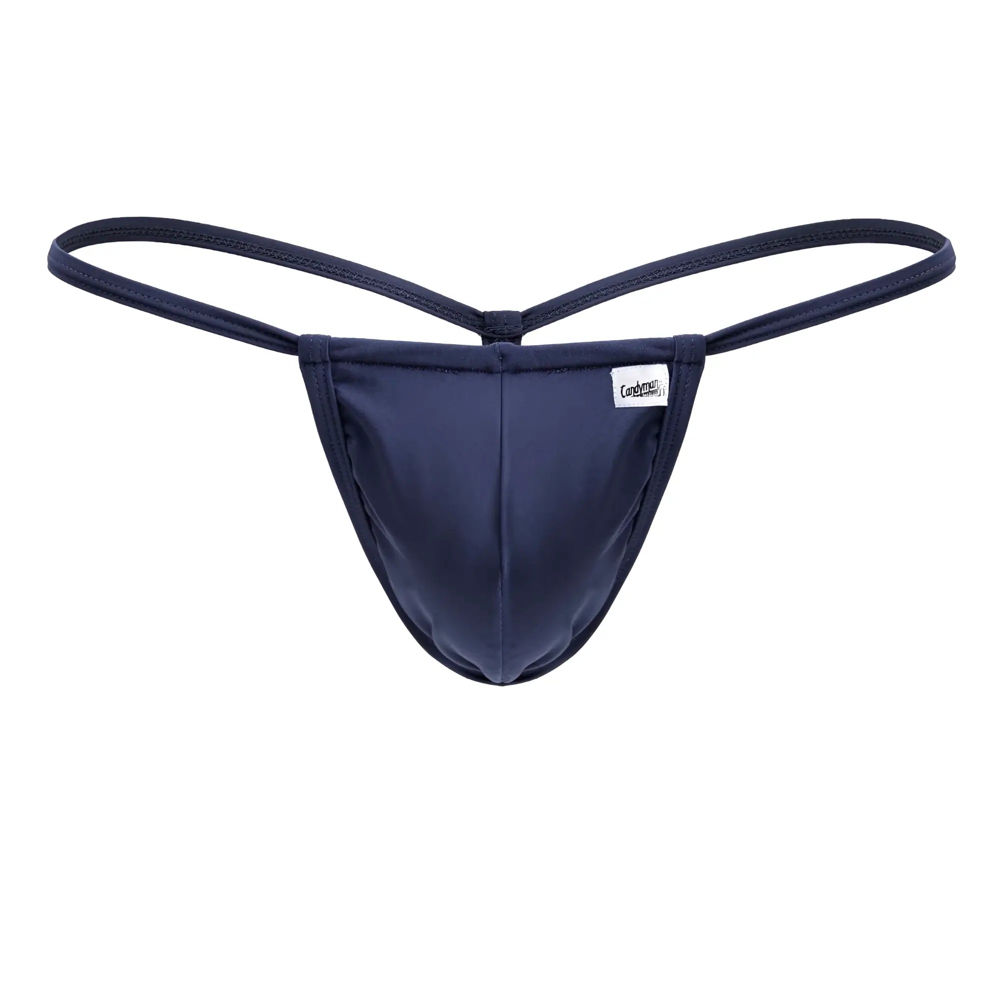 Navy blue CandyMan 9586 g-string thong with thin fabric straps and small white brand tag on the front