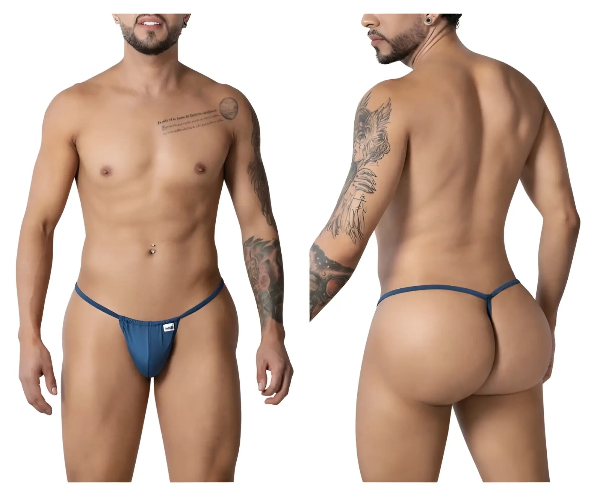 Blue thong g-string candyMan 9586 with small white logo on front in petrol blue color