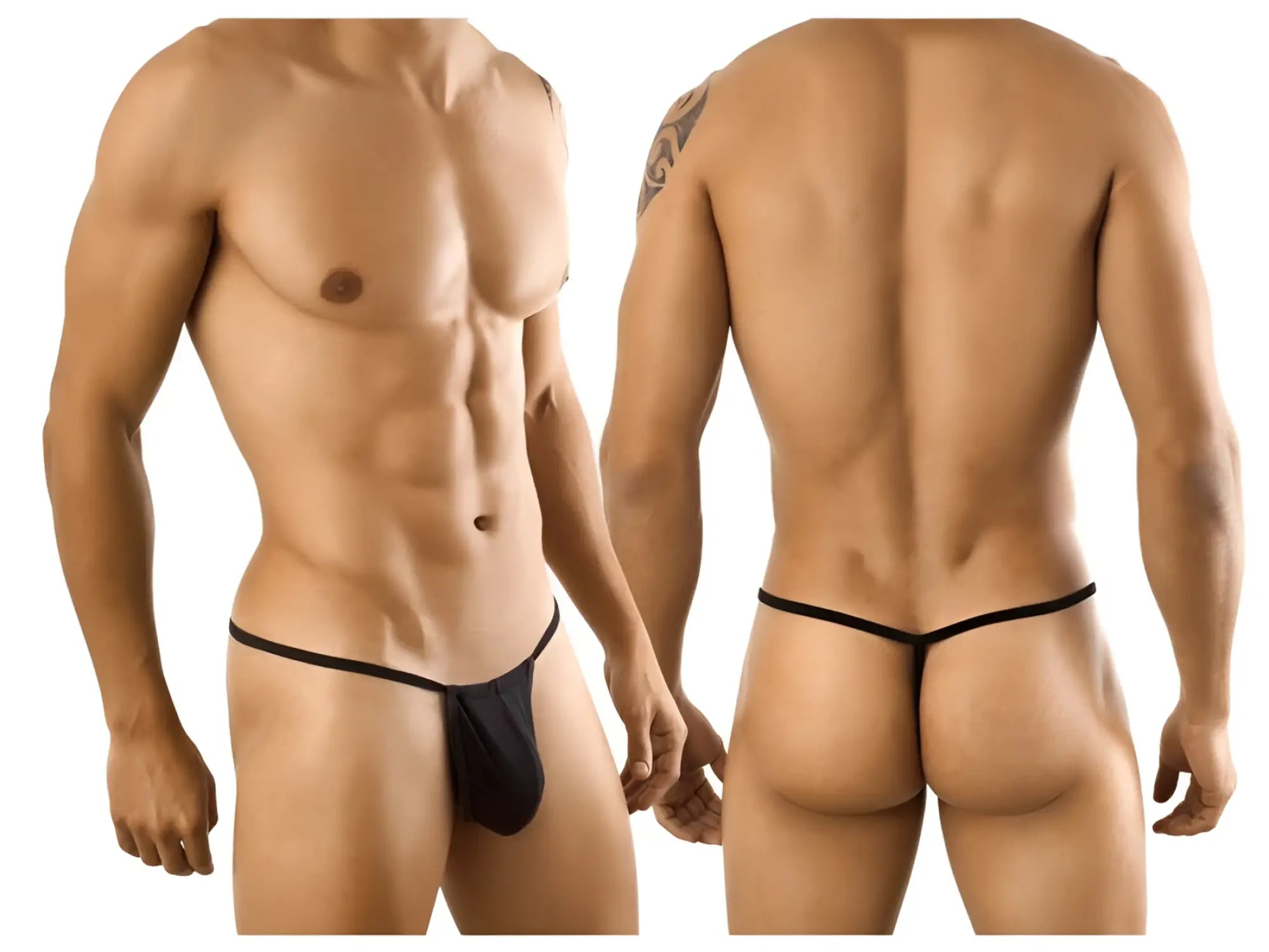 CandyMan 9586 black thong with thin sleek design and minimalistic cut shown from the back side