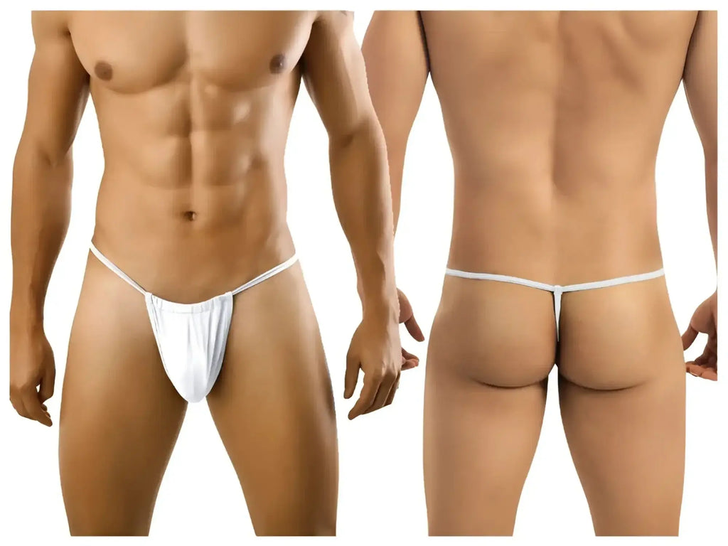 White cotton CandyMan 9586 thong with thin waistband and back strap shown from the back side