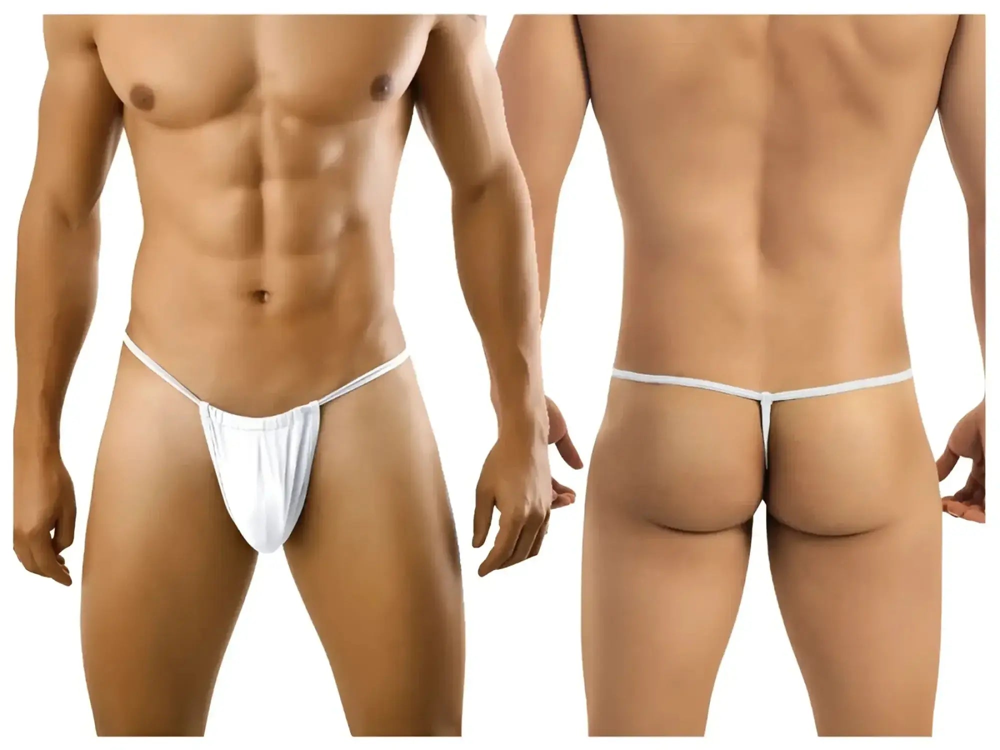 White cotton CandyMan 9586 thong with thin waistband and back strap shown from the back side