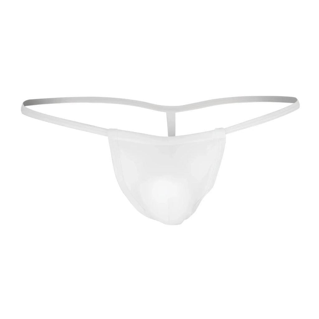 White sheer mesh thong with thin adjustable elastic straps from candyman 9586 in white shown from the back