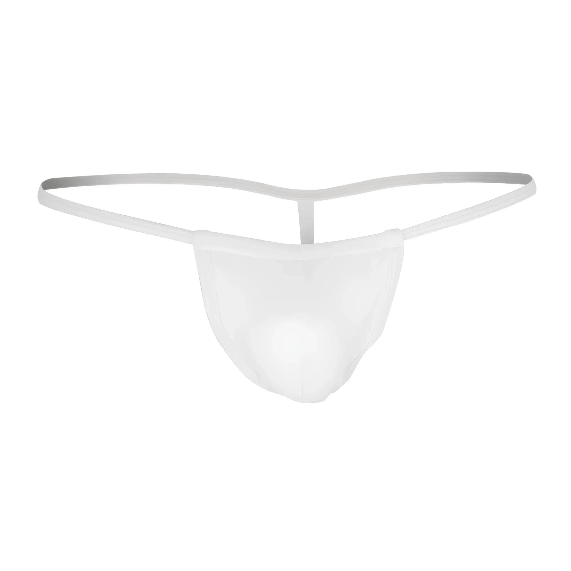 White sheer mesh thong with thin adjustable elastic straps from candyman 9586 in white shown from the back