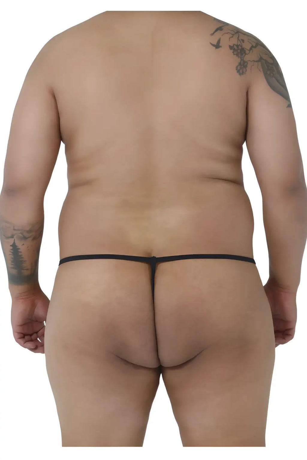 Black thong candyMan 9586X with thin smooth elastic band and minimalistic design shown from the back side