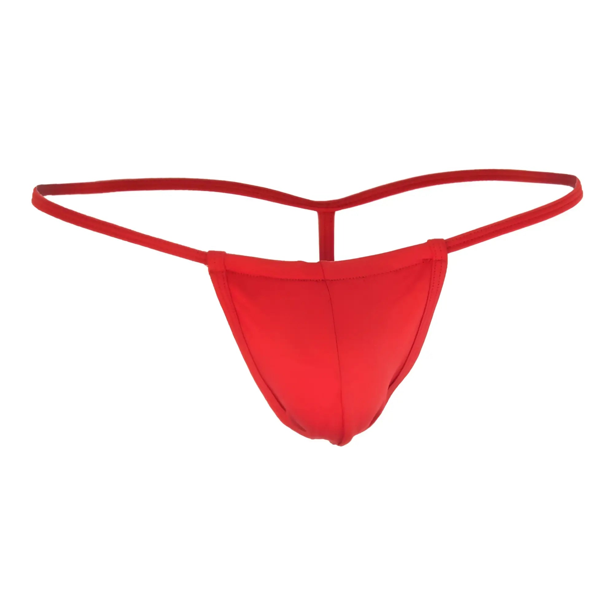 Red thong candyMan 9586X made of smooth stretchy fabric with simple design and thin waistband shown from back side