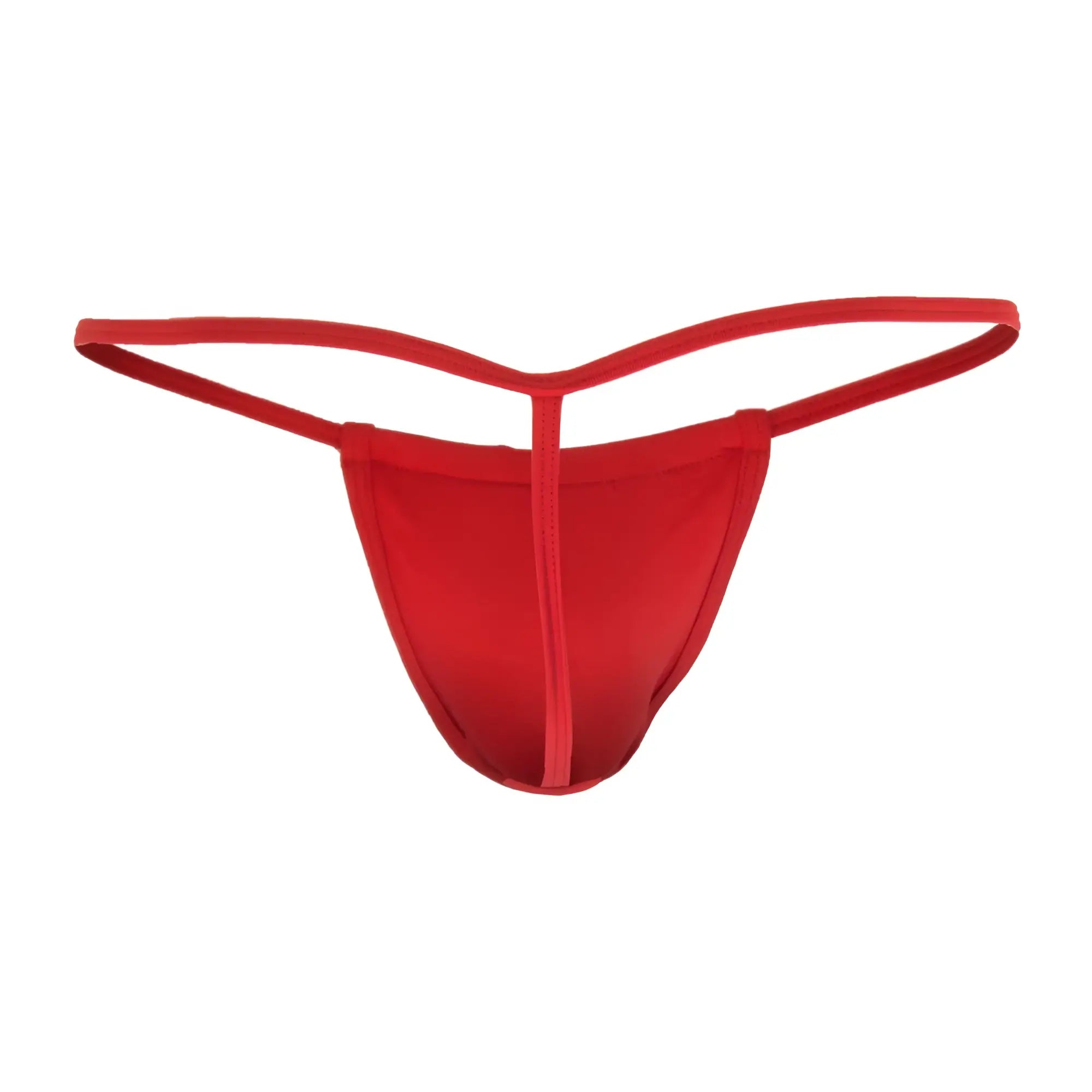 Red candyMan 9586X thong made of smooth stretchy fabric with simple design and thin straps showing back side