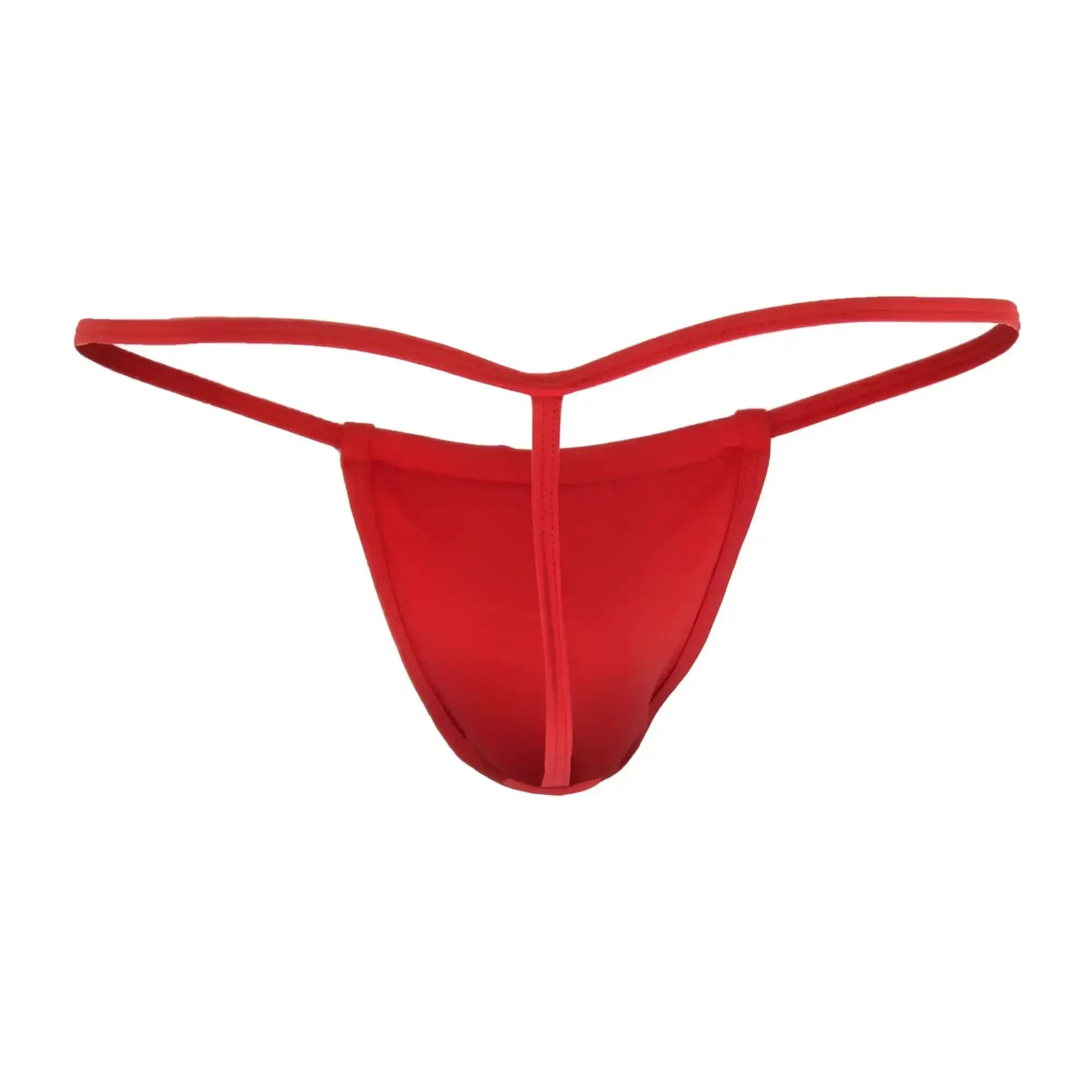 Red candyMan 9586X thong made of smooth stretchy fabric with simple design and thin straps showing back side