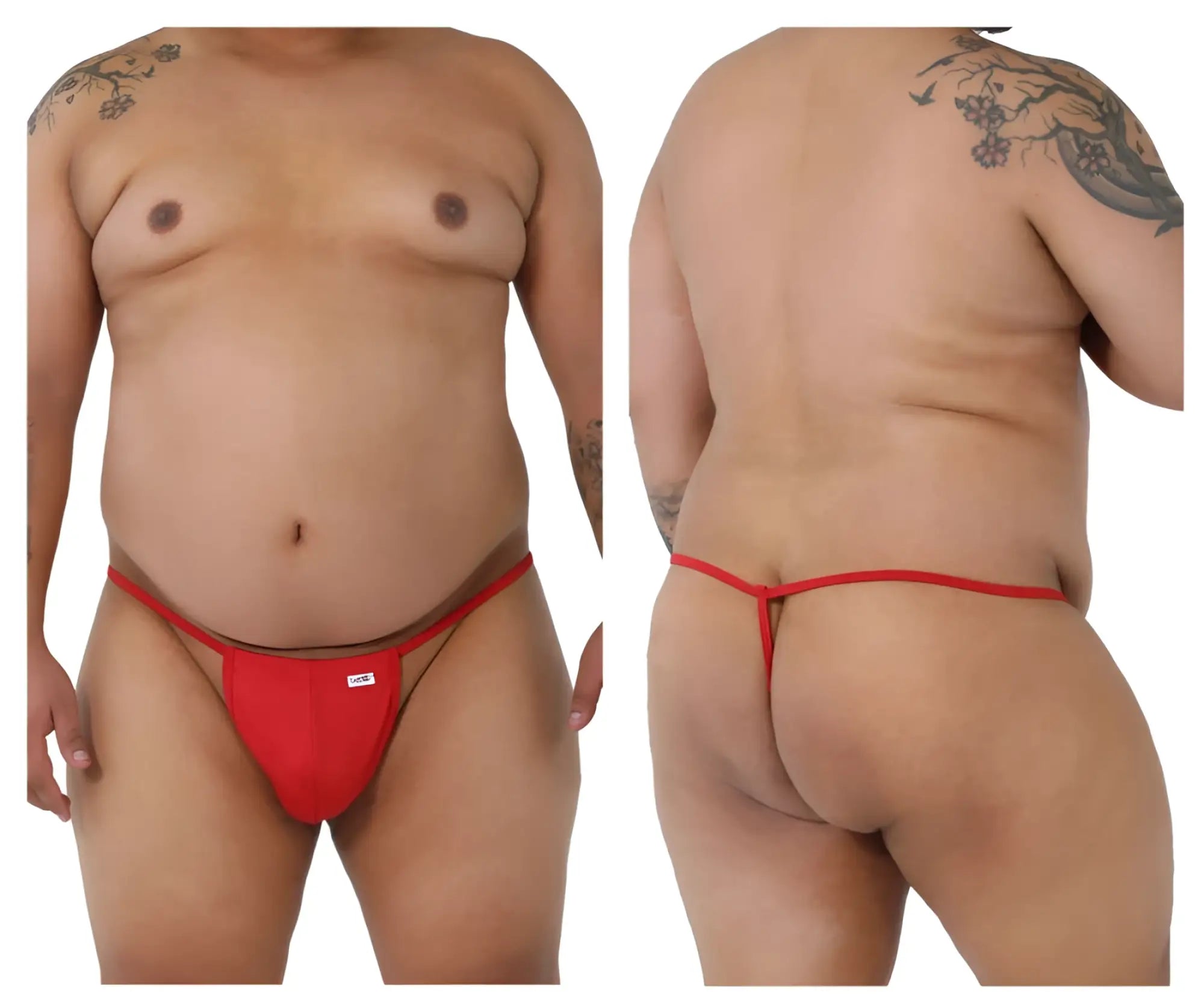 CandyMan 9586X red thong with thin supportive waistband and small white label on front in breathable fabric