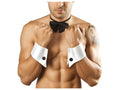 White satin cufflinks with black button accents from candyman 9646 bowtie and cuffs only color only collection
