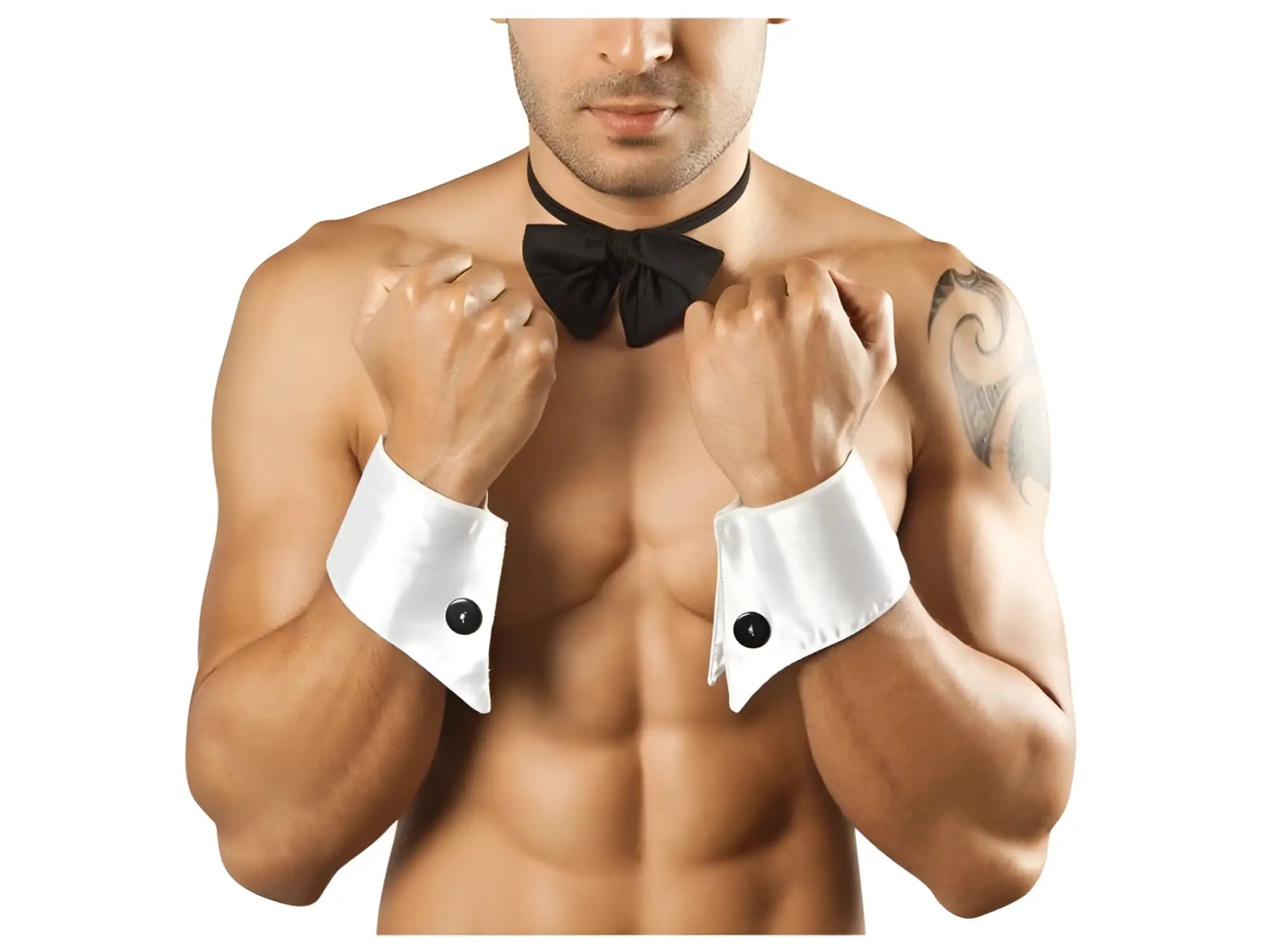 White satin cufflinks with black button accents from candyman 9646 bowtie and cuffs only color only collection