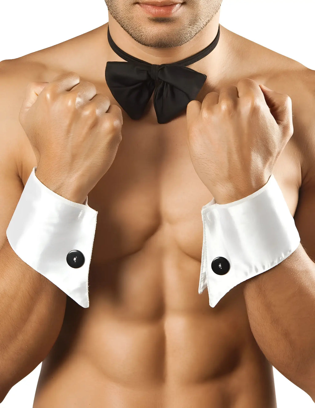 CandyMan 9646 white satin cufflinks with black buttons for formal wear accessory