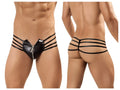 Black faux leather thong candyman 99140 with central zipper and three horizontal straps front view
